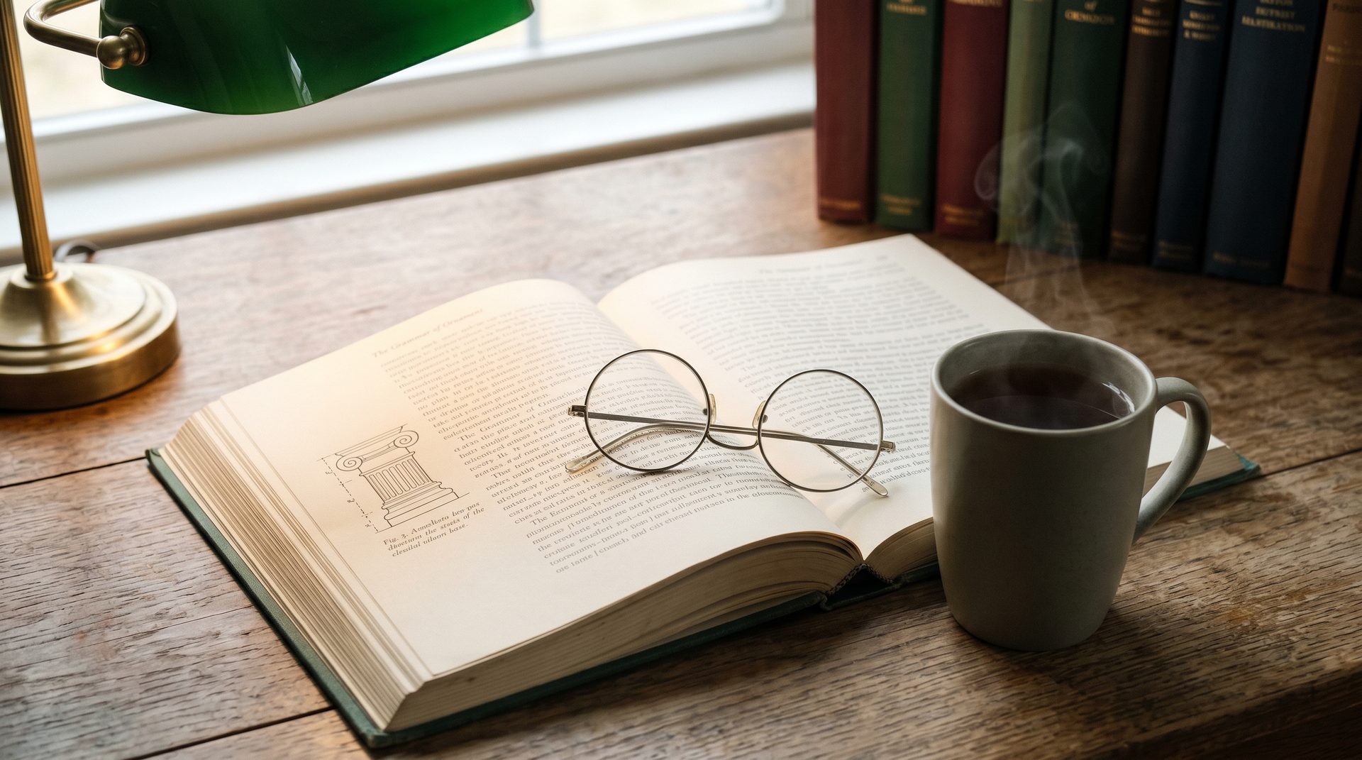 A well-thumbed hardcover book open on an oak desk, with round reading glasses and a ceramic mug of tea under a brass-and-green-glass reading lamp