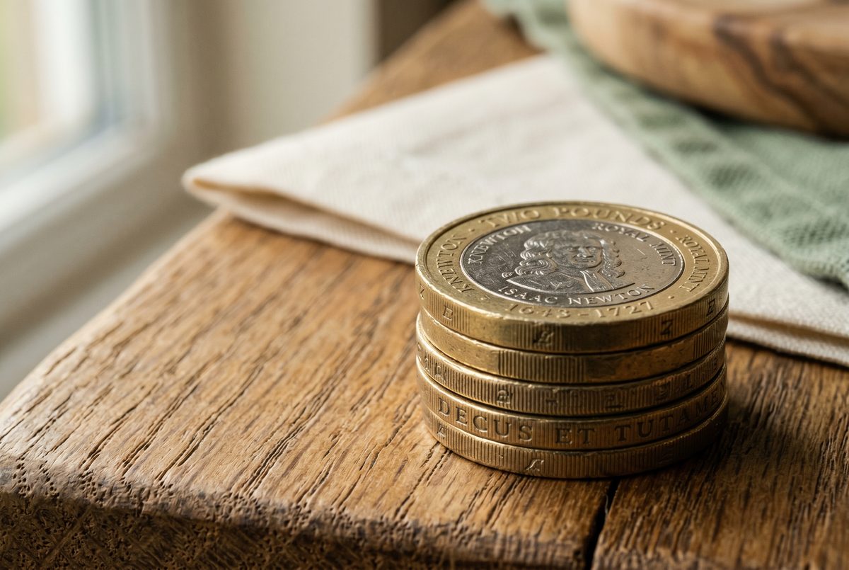 Pound coins arranged next to a mortgage statement showing offset savings