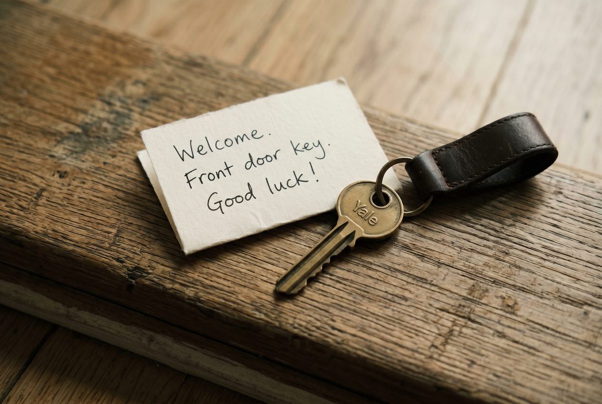First-time buyers holding house keys outside a terraced UK home