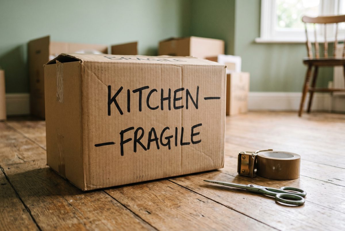 A couple moving into a new home with a 'sold' sign on the old property visible through the window