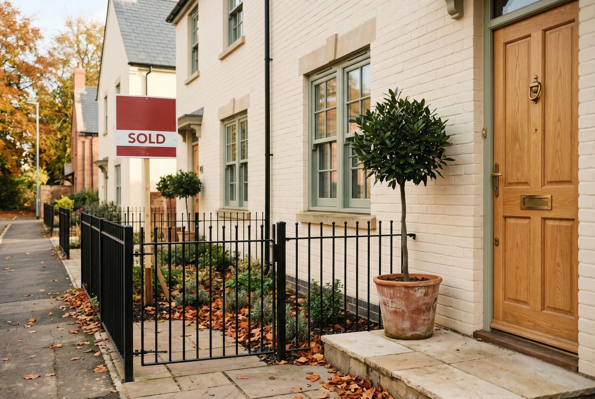 New-build estate with show home flags and family walking towards a house