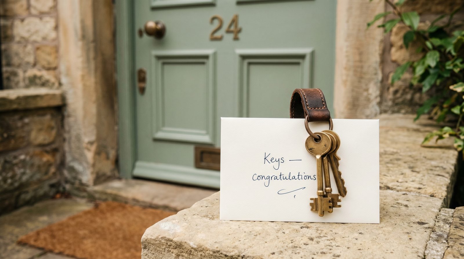 Couple receiving keys to their first home from an estate agent