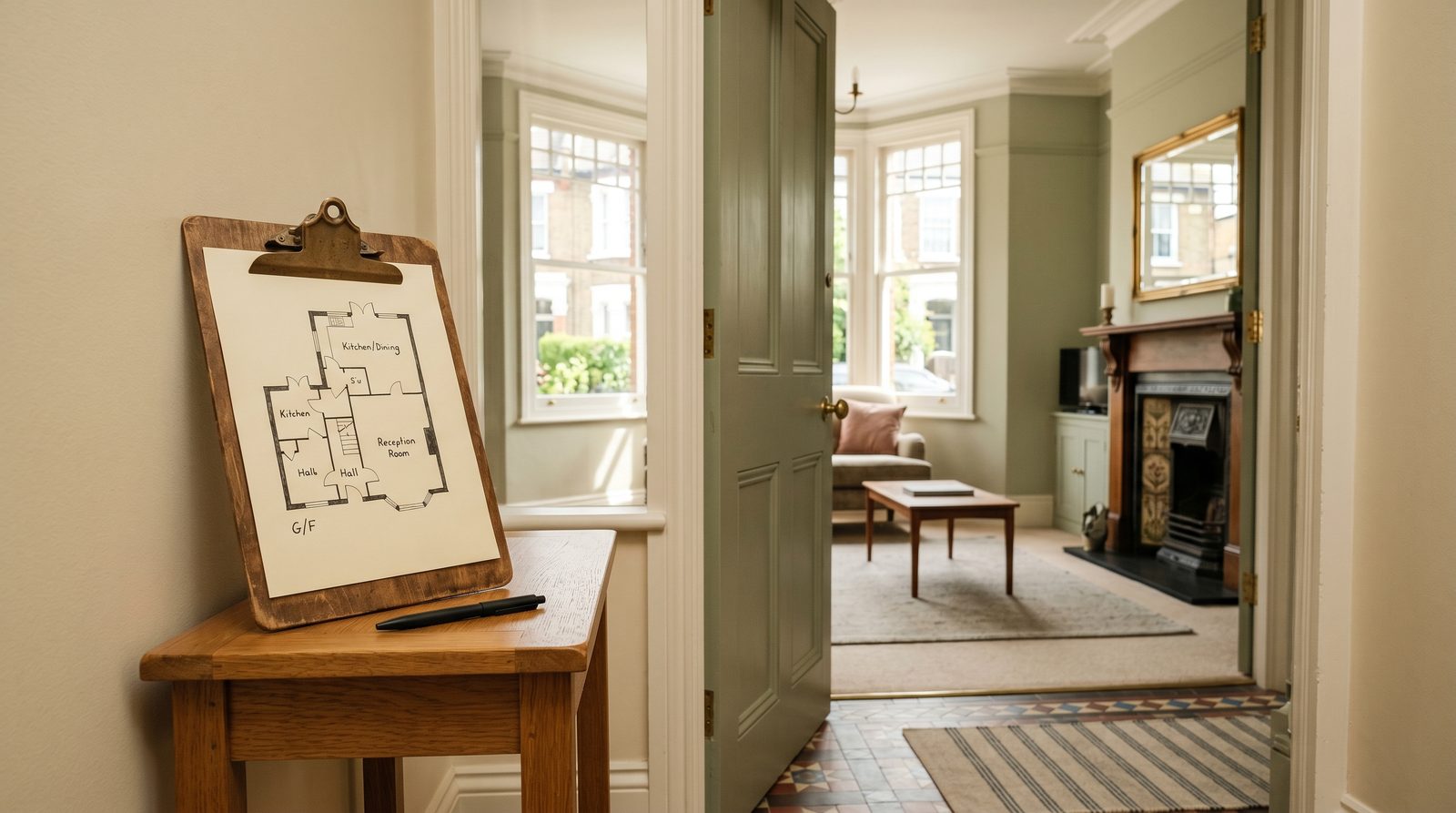 A couple reviewing mortgage documents on a dining table with a calendar and laptop