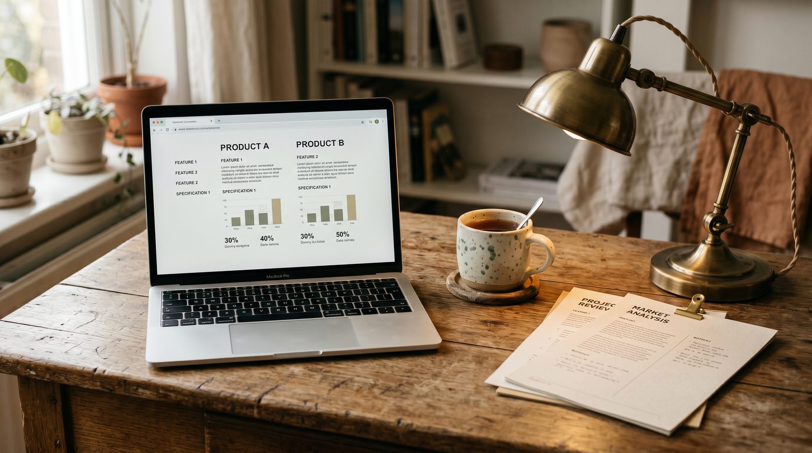 A laptop, ceramic tea mug, and a printed mortgage comparison page on a warm oak desk under a brass reading lamp