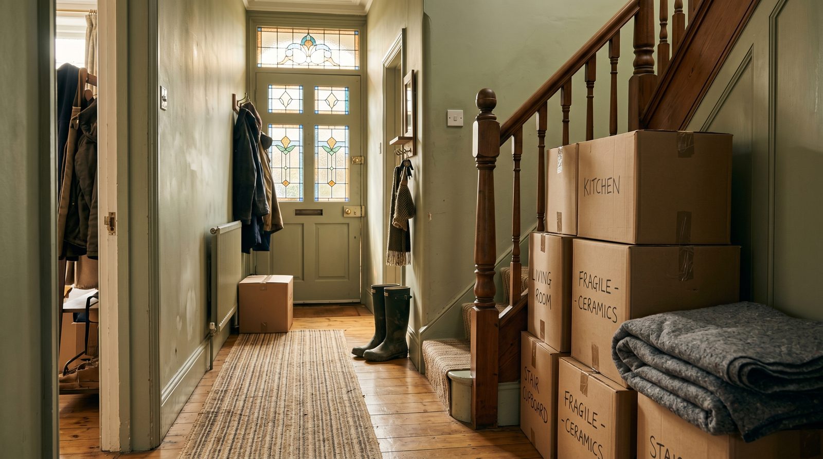 Moving boxes in an empty room representing a home move between two properties