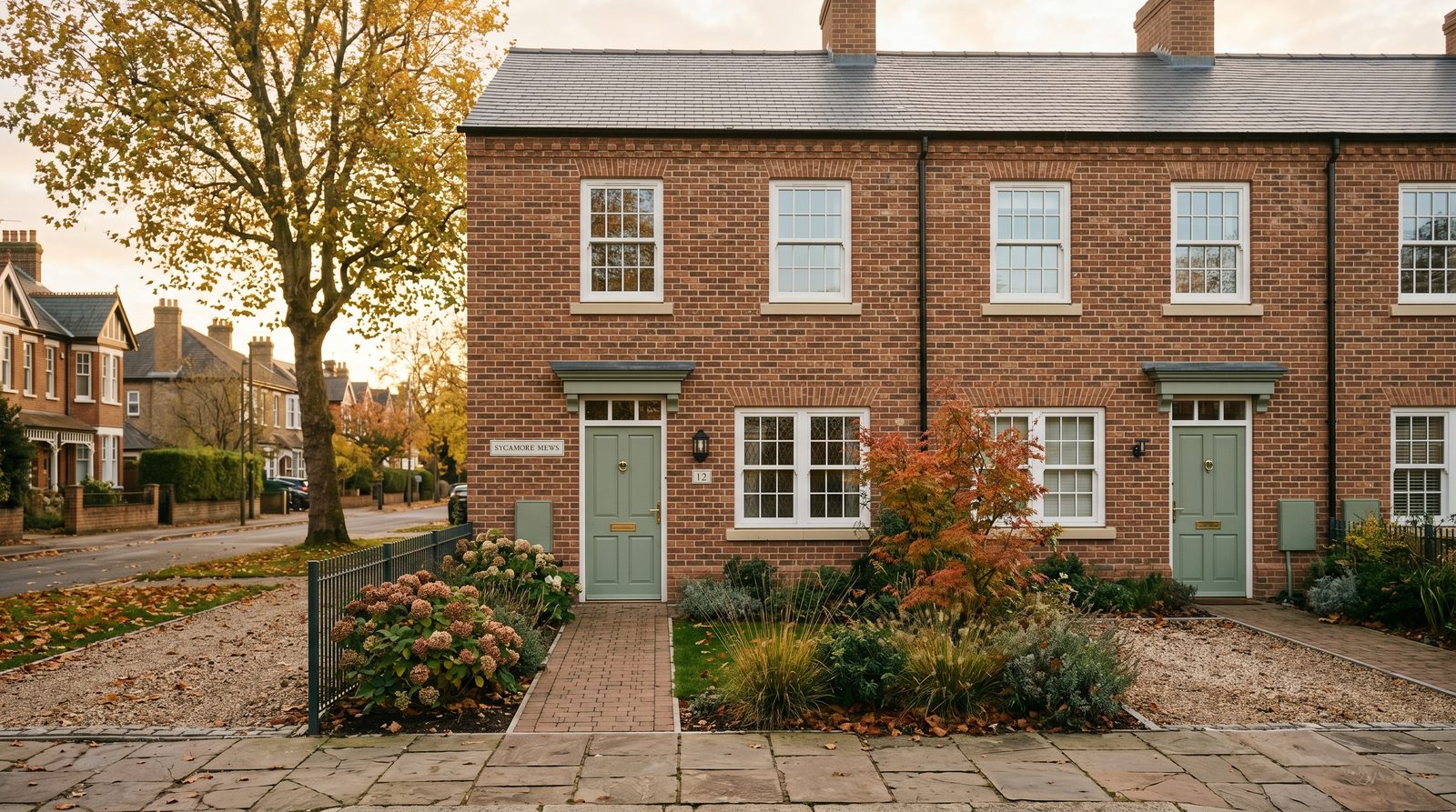 Row of modern UK new-build houses on a development