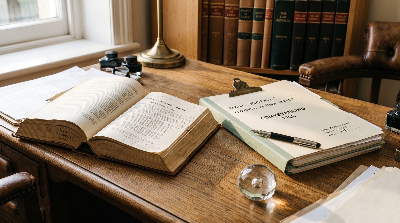 Conveyancing solicitor reviewing property contracts at a desk